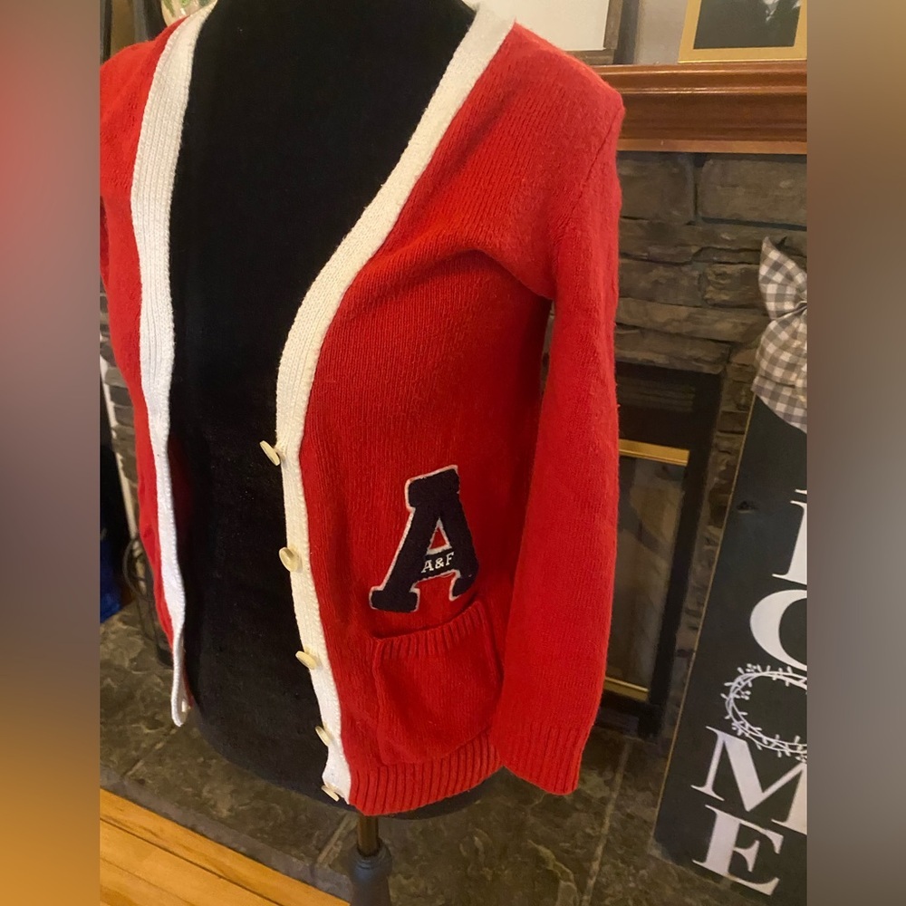 Abercrombie & Fitch Red V-Neck Varsity Cardigan Sweater Y2K - Picture 6 of 10
